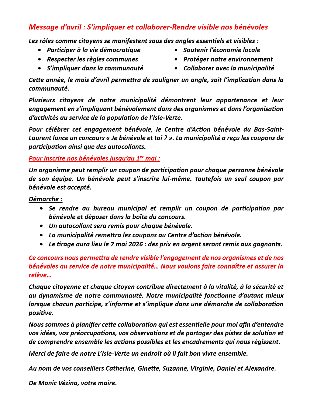 Message d’avril 2026